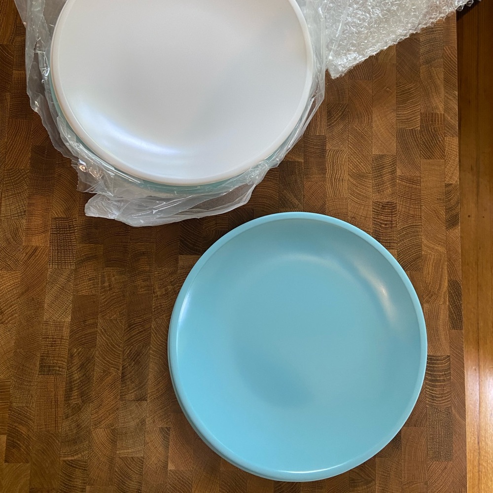 Set of 8 Crate & Barrel Lunea Melamine Dinner Plates 4 Blue 4 White 10.5”